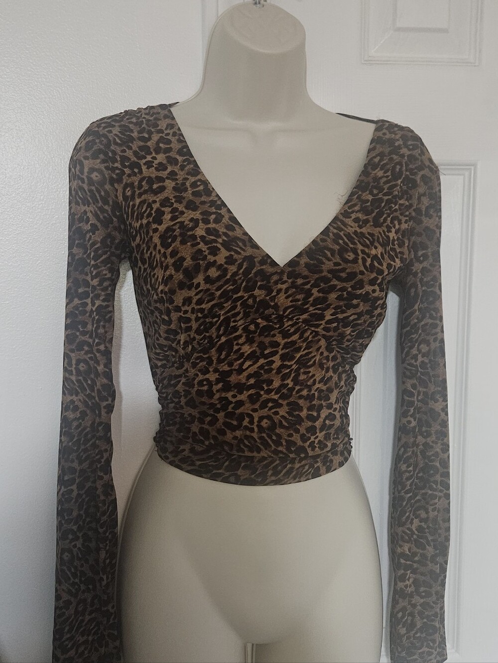 Forever 21 Brown Leopard Print Long Sleeve V-Neck Crop Top